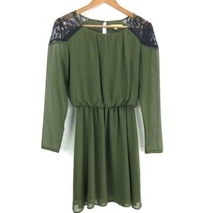 Olive Green Cinched Waist Lace Shoulder Dress